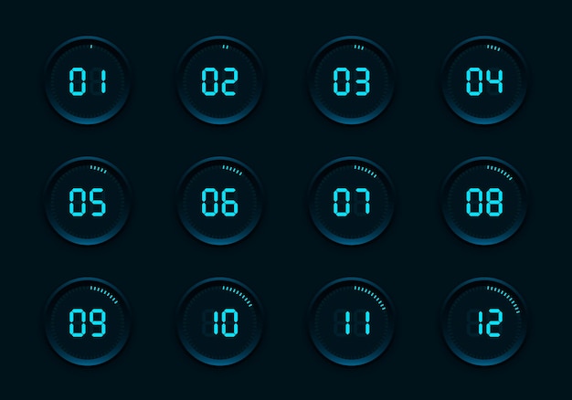 Set van de blauwe digitale timers op een zwarte achtergrond