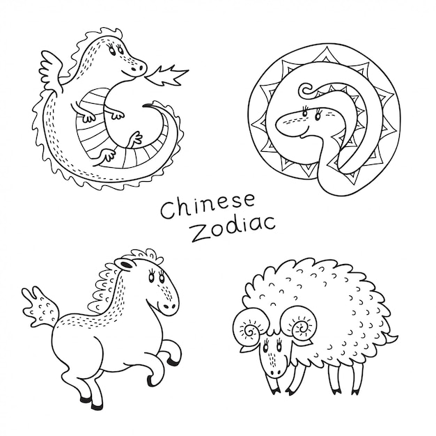 Set van de Chinese sterrenbeelden: draak, slang, paard, ram