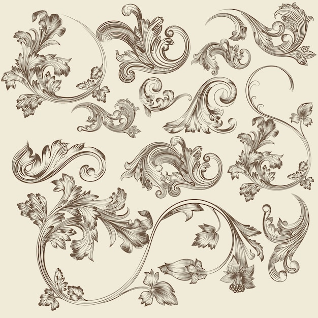 Vector set van de hand getekende bloemen retro ornamenten