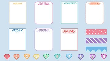 Vector set van de kleurrijke wekelijkse memo wekelijkse planner notitieblok papier herinnering plakkerig schattig en afdrukbaar