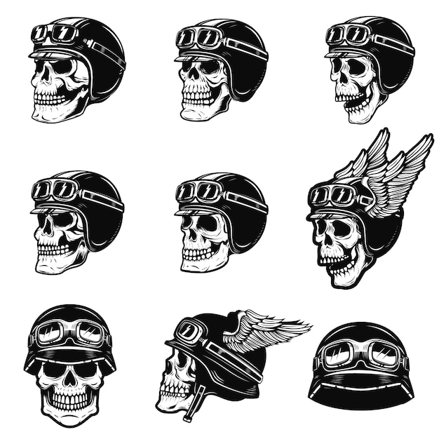 Set van de racer schedels op witte achtergrond. schedel in motorhelm. element voor poster, embleem, t-shirt. illustratie