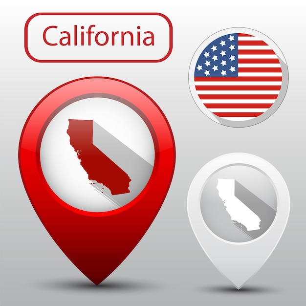 Set van de staat Californië met vlag van Amerika en kaartaanwijzer