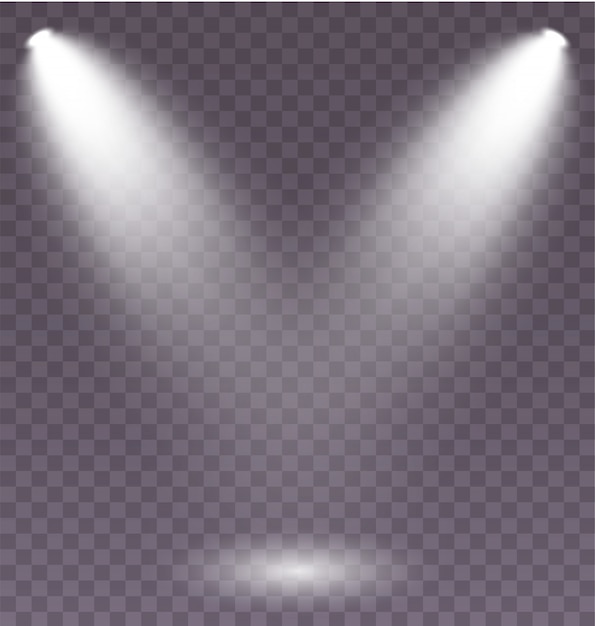 Set van de witte schijnwerpers schijnt op het podium, scène, podium. Exclusief gebruik lensflitslichteffect van een lamp of spotlight.