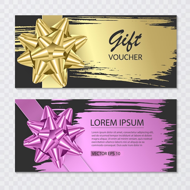 Set van decoratieve cadeaubon ontwerpsjabloon met strik en lint. vector illustratie