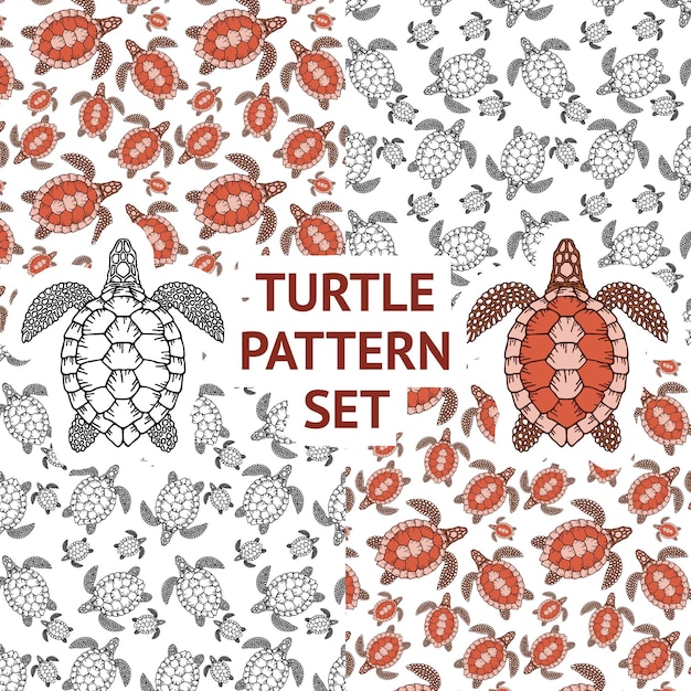 Set van decoratieve grafische vector naadloze patroon met schildpad met vintage overzichtsstijl geïsoleerd
