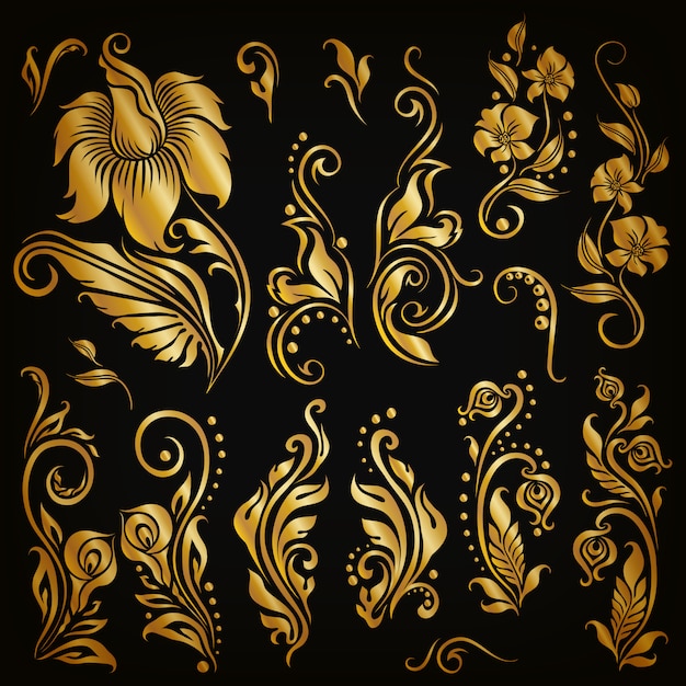 Set van decoratieve handgetekende kalligrafische elementen, gouden bloemen