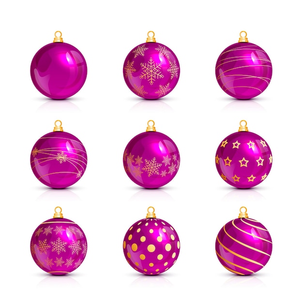 Set van decoratieve roze kerstballen met gouden vakantie patroon, geïsoleerd op een witte achtergrond, illustratie.