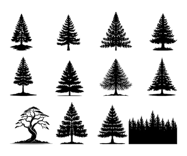 Set van dennenboom silhouet dennenboom landschap vector op geïsoleerde witte achtergrond