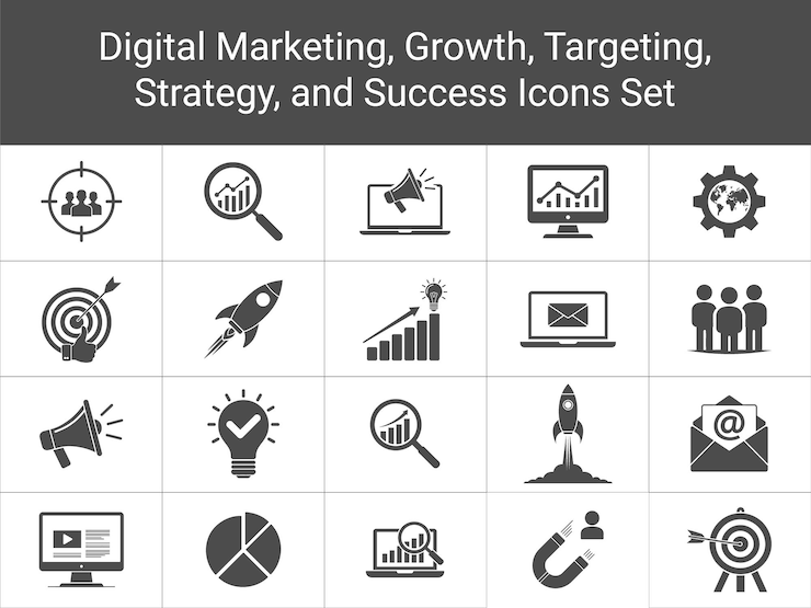 Vector set van digitale marketing iconen groei doelgroep launch succes silhouet iconen set