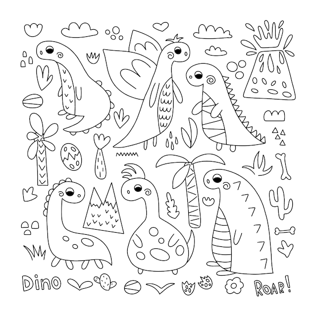 Set van dinosaurussen in doodle stijl Vector geïsoleerd op een witte achtergrond ideaal voor kinderdagverblijf decoratie vakantie decor posters en textiel