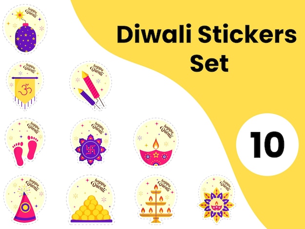 Set van diwali festival-sticker op gele en witte achtergrond