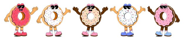 Vector set van donut personages in retro cartoon stijl fast food snoep mascotte vector illustratie