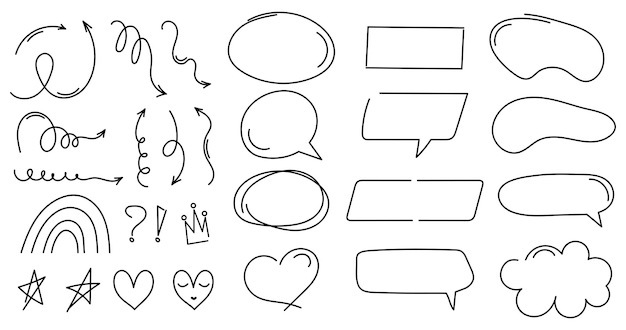 Set van doodle elementen Hand getekende verzameling van spraak bubbels ster hart pijlen Moderne vector