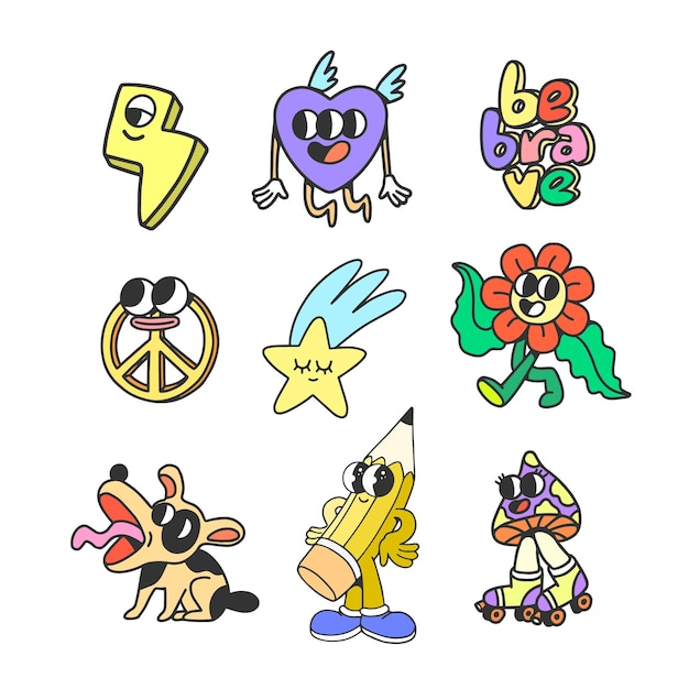 Set van doodle groovy cartoon personages