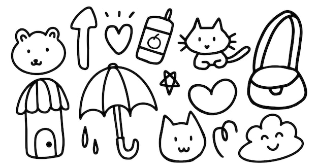 Set van doodle handgetekende elementen van star cat cloud sun dress paraplu hart etc