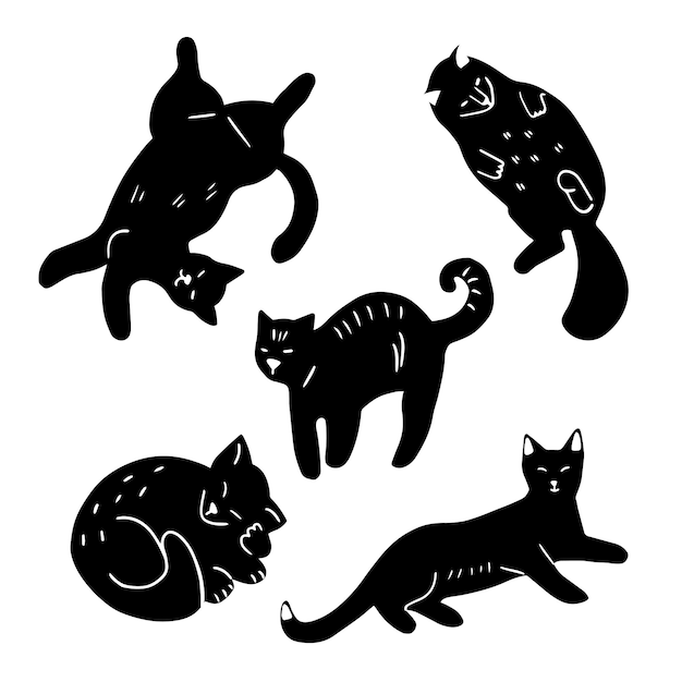 Set van doodle katten in verschillende poses hand getrokken collectie van zwart-witte katten silhouetten