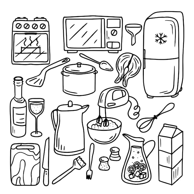 Set van doodle keukengerei Doodle keukenapparatuur Vector illustratie geïsoleerd op wit