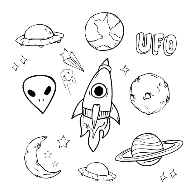 Set van doodle ruimte elementen Zwarte objecten op witte achtergrond hand tekenen vector illustratie stijl
