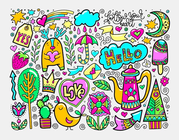 Set van doodle schets tekening leuke elementen in felle kleuren, vectorillustratie