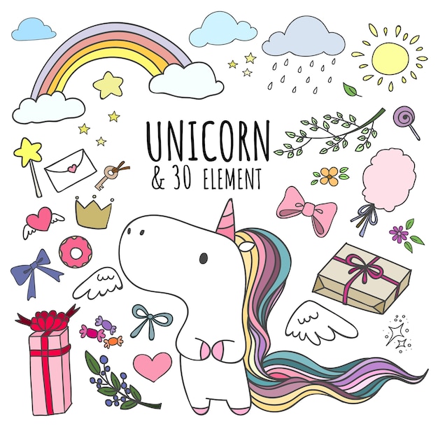 Set van doodle unicorn en 30 elementen.