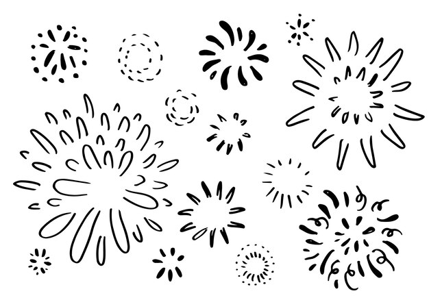 set van doodle vuurwerk geïsoleerd op witte achtergrond met de hand getekend uit vuurwerk ontwerp elementen vector illustratie