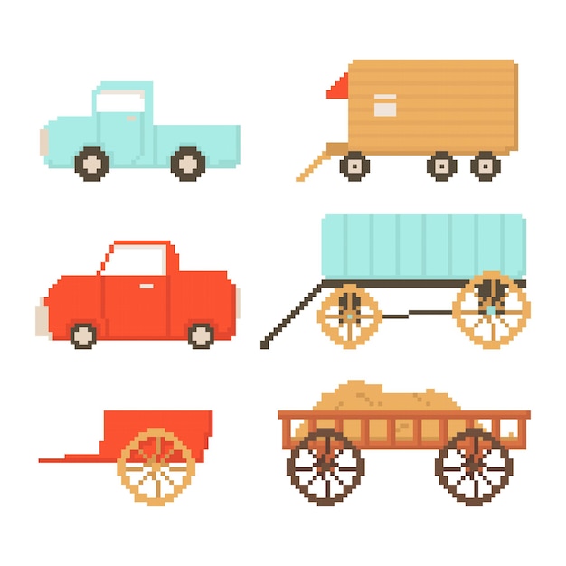 Set van dorpsvervoer geïsoleerd op een witte achtergrond vectorillustratie in pixel art style