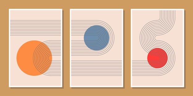 Set van drie abstracte minimalistische composities wanddecoratie in de stijl van het midden van de eeuw met cirkels en boog