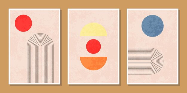 Set van drie abstracte minimalistische composities wanddecoratie in de stijl van het midden van de eeuw met cirkels en boog