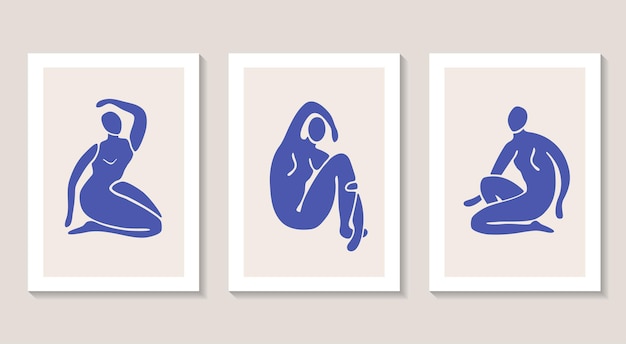 Set van drie abstracte posters met vrouwelijke silhouetten matisse stijl blauw ingelijste vrouwenvormen