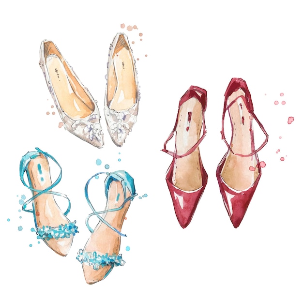 Set van drie aquarel handgeschilderde paar schoenen mode illustratie