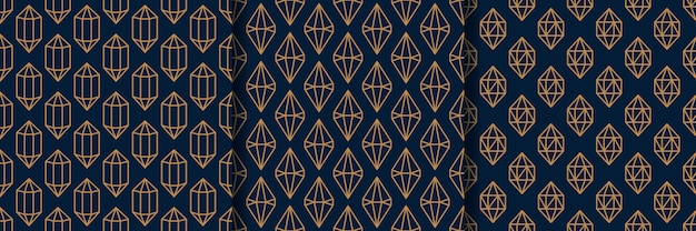 Set van drie edelsteen naadloze patroon in minimale trendy stijl. gouden lineaire diamanten op een donkerblauwe achtergrond. vector abstracte geometrische textuur voor papier, kaarten, uitnodigingen, stof.