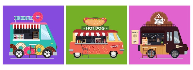 Set van drie foodtrucks vector auto's, cartoon bestelwagens voor straatvoedsel verkopen. Café-restaurant op wielen. Vrachtwagens met hotdogs, donuts en koffie.