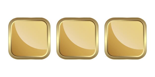 Vector set van drie gouden rechthoekige knoppen geïsoleerd op witte achtergrond luxe gouden icoon geïsoleerde witte