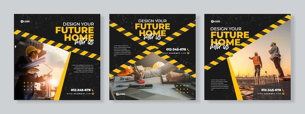 Set van drie grunge banners met zwarte gele lijn van bouwbureau banner social media pack template