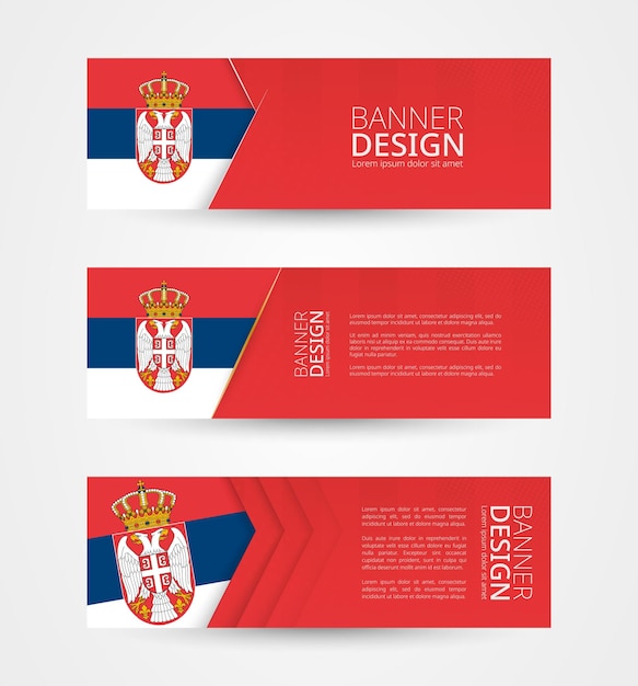 Set van drie horizontale banners met de vlag van Servië Ontwerpsjabloon voor webbanner in de kleur van de vlag van Servië