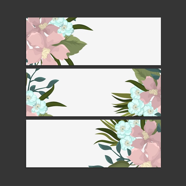 Set van drie horizontale banners met delicate patroonbloemen.