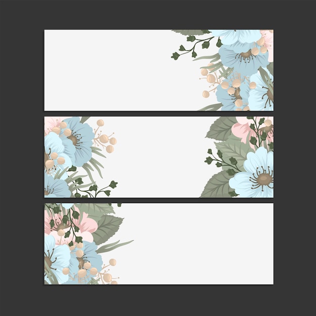 Set van drie horizontale banners met delicate patroonbloemen.