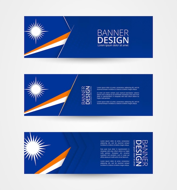 Vector set van drie horizontale banners met vlag van de marshalleilanden ontwerpsjabloon voor webbanner in de kleur van de vlag van de marshalleilanden