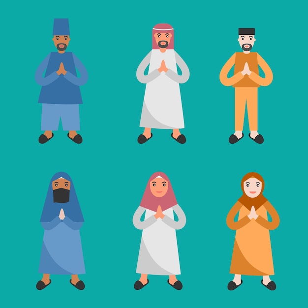 Set van drie jongens en drie meisjes gekleed in islamitische kleding staan en vieren ramadhan eid mubarak vasten dag van viering concept platte cartoon ontwerpsjabloon vectorillustratie