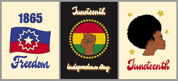 set van drie Juneteenth-kaarten posters prints banners wallpapers versierd met belettering citaten