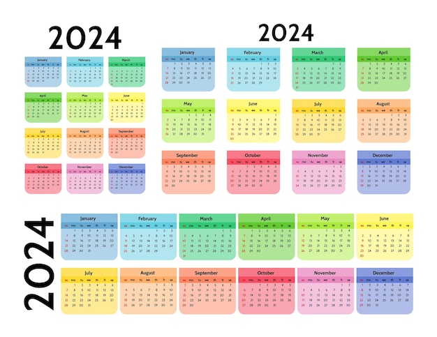Set van drie kalenders voor 2024 in verschillende vormen geïsoleerd op een witte achtergrond Zondag tot maandag zakelijke sjabloon vectorillustratie