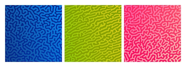 Set van drie kleurrijke turing-reactiegradiëntachtergronden abstract diffusiepatroon met chaotische vormen vectorillustratie