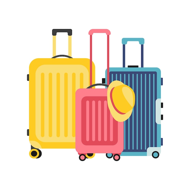 Set van drie koffers reiskoffers en zomerhoed
