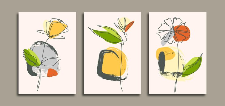 Set van drie minimalistische plantenmuurkunstachtergrond met doorlopende lijnbloem en abstracte vormen