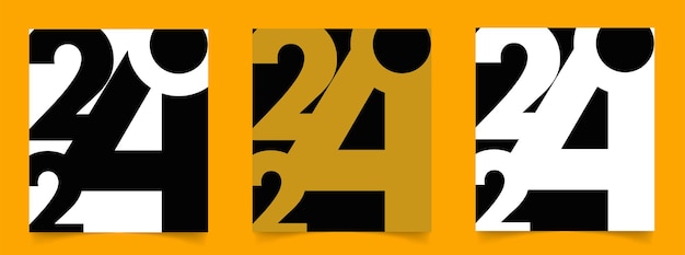 Set van drie moderne 2024 nieuwjaarskaart Creatief ontwerp sjabloon met zwarte witte gouden cijfers