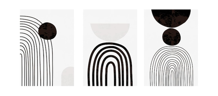 Vector set van drie moderne zwart-wit posters met regenbogen en abstracte geometrische vormen