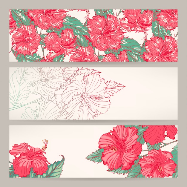 Set van drie mooie banners met roze hibiscus