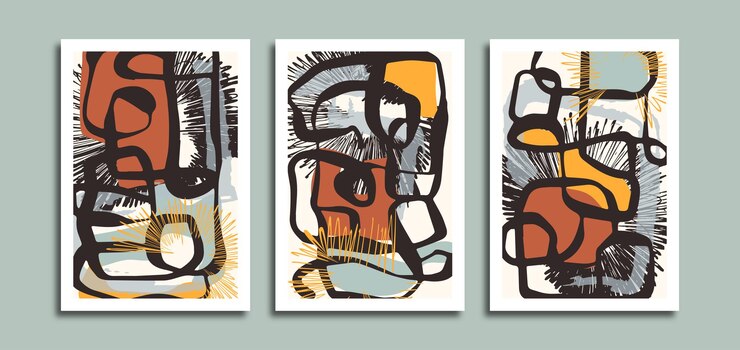 Set van drie muurkunst posterontwerp met abstracte vormen en penseel