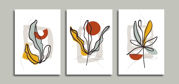 Set van drie muurkunst posterontwerp met handgetekende bladerenlijn en abstracte vormen