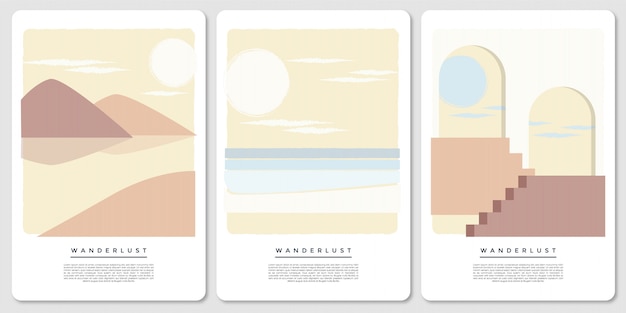 Vector set van drie reislustposters met zachte kleuren en abstracte landschappen